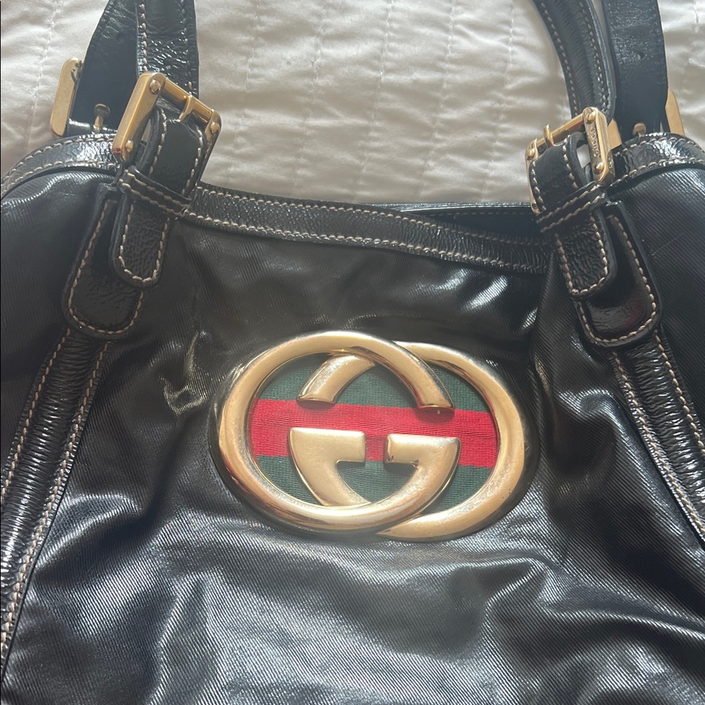 Gucci Black Leather Shoulder Bag with Gold and Red Accents